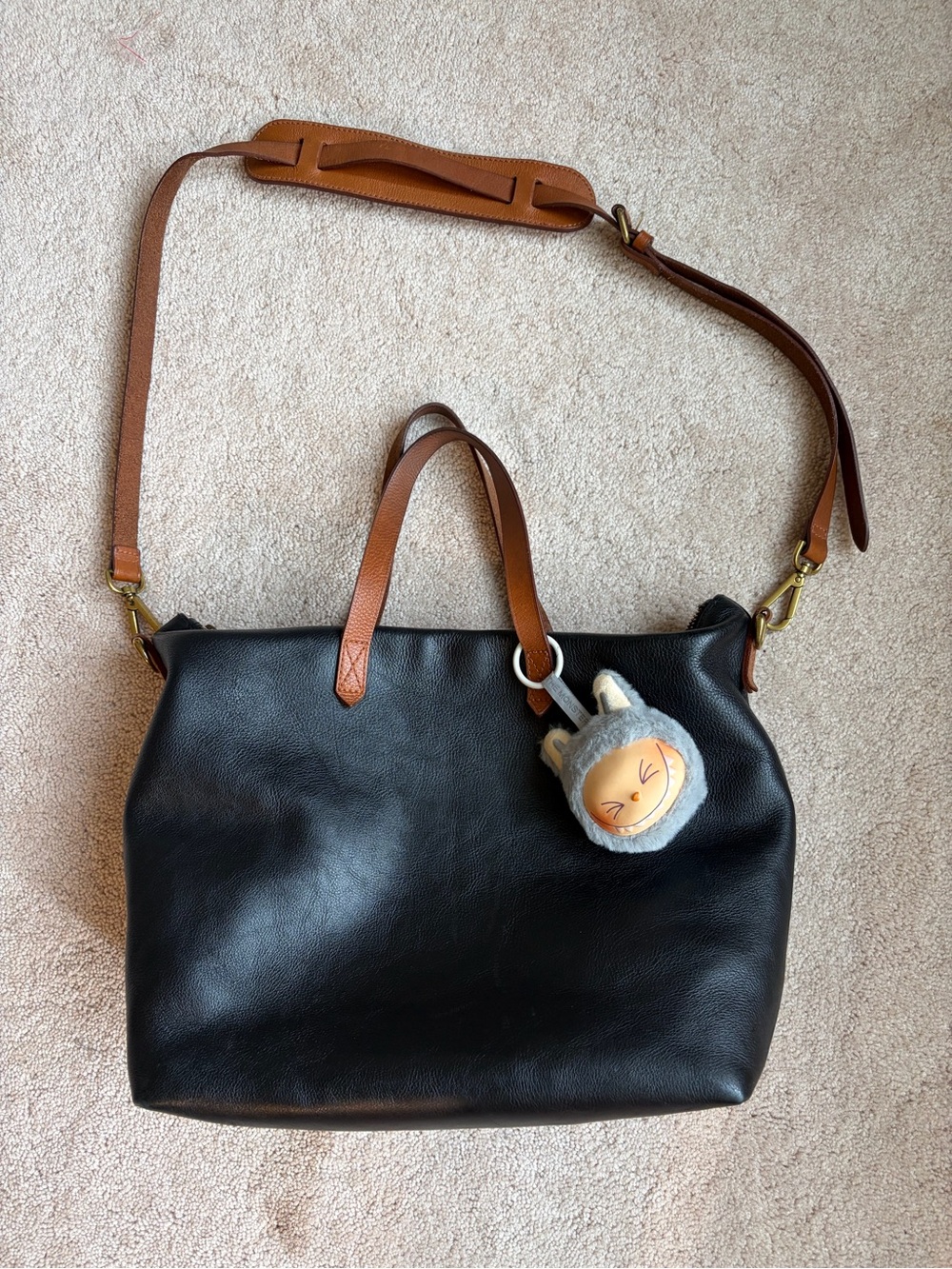 Black Leather Tote with Brown Strap - Women Bags